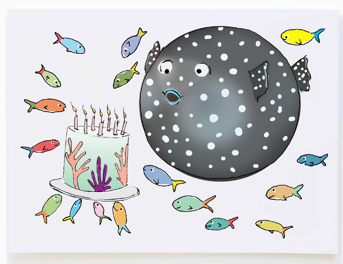 Pufferfish Birthday Card featuring a spotted pufferfish beside a colorful underwater birthday cake