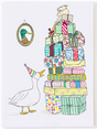 Lucky Duck Birthday Card featuring a duck in a party hat beside a tall stack of colorful wrapped gifts