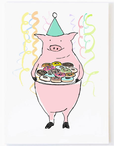 Pig With Donuts Birthday Card featuring a pink pig in a party hat holding a tray of colorful donuts