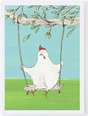 Chicken Swing Card featuring a white chicken swinging from a tree branch over a grassy field