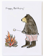 Bear Roasting Marshmallow Birthday Card featuring a bear holding a marshmallow over a campfire with Happy Birthday greeting