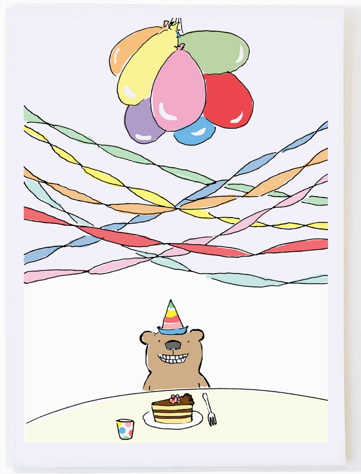 Balloons and Streamers Card featuring colorful balloons streamers and a bear celebrating with cake