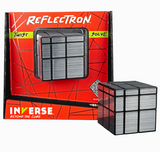 Inverse Reflectron puzzle cube with reflective gray tiles shown beside its red retail box