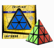 Inverse Triminx triangular twist puzzle with green and red pieces beside its yellow box