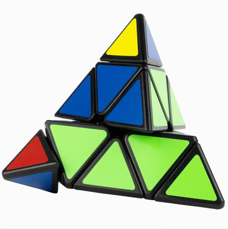 Inverse Triminx colorful triangular puzzle with blue green yellow and red pieces