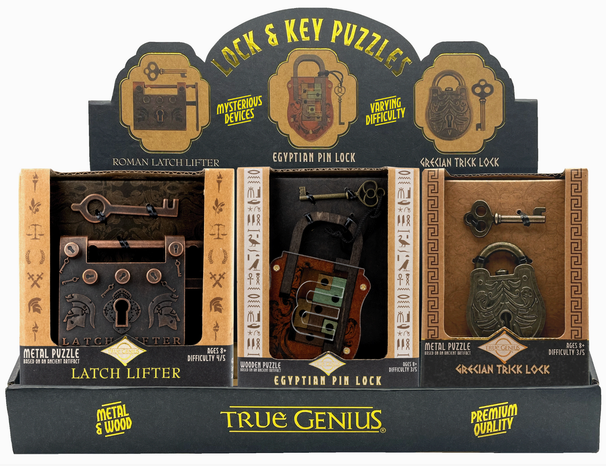 True Genius | Lock & Key metal and wood puzzle display featuring latch lifter, Egyptian pin lock, and Korean trick lock