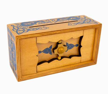 True Genius | Viking Sea Chest wooden puzzle box with blue Viking knotwork designs