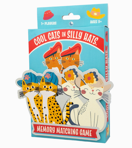 Cool Cats in Silly Hats memory matching game box featuring colorful cats wearing playful hats