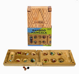Travel Bamboo Mancala wooden folding game board with colorful playing stones and package