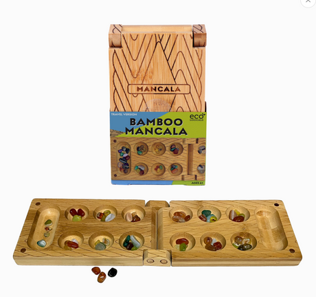 Travel Bamboo Mancala wooden folding game board with colorful playing stones and package
