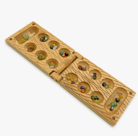 Travel Bamboo Mancala wooden game board with colorful stones in playing pits