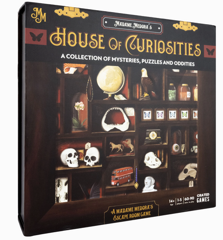 Madame Medora's House of Curiosities escape room game box featuring mysterious objects and puzzles