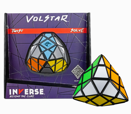 Inverse Volstar twist and solve geometric puzzle with colorful triangular facets and display box