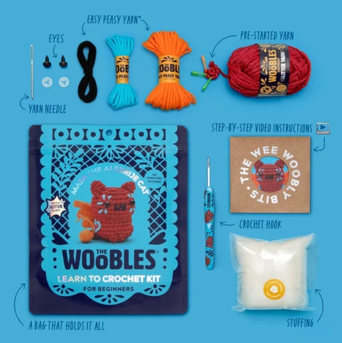 The Woobles Crochet Kit | Maya the Alebrije Cat with yarn crochet hook stuffing and instructions
