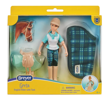 Rider & Tack | English Greta doll set with saddle and plaid horse blanket in package