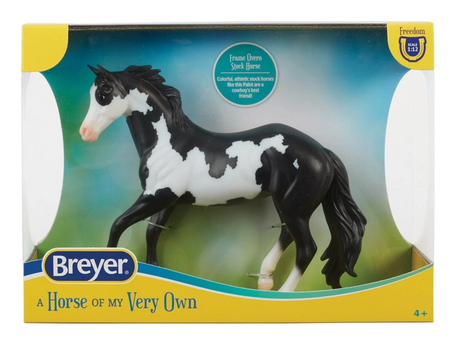 Black Frame Overo Stock Horse toy horse in colorful retail packaging