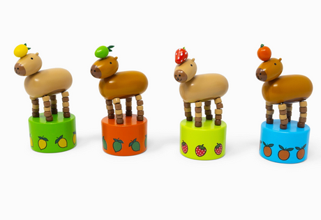 ThumbToy Capybara wooden toy figures with colorful fruit decorated bases