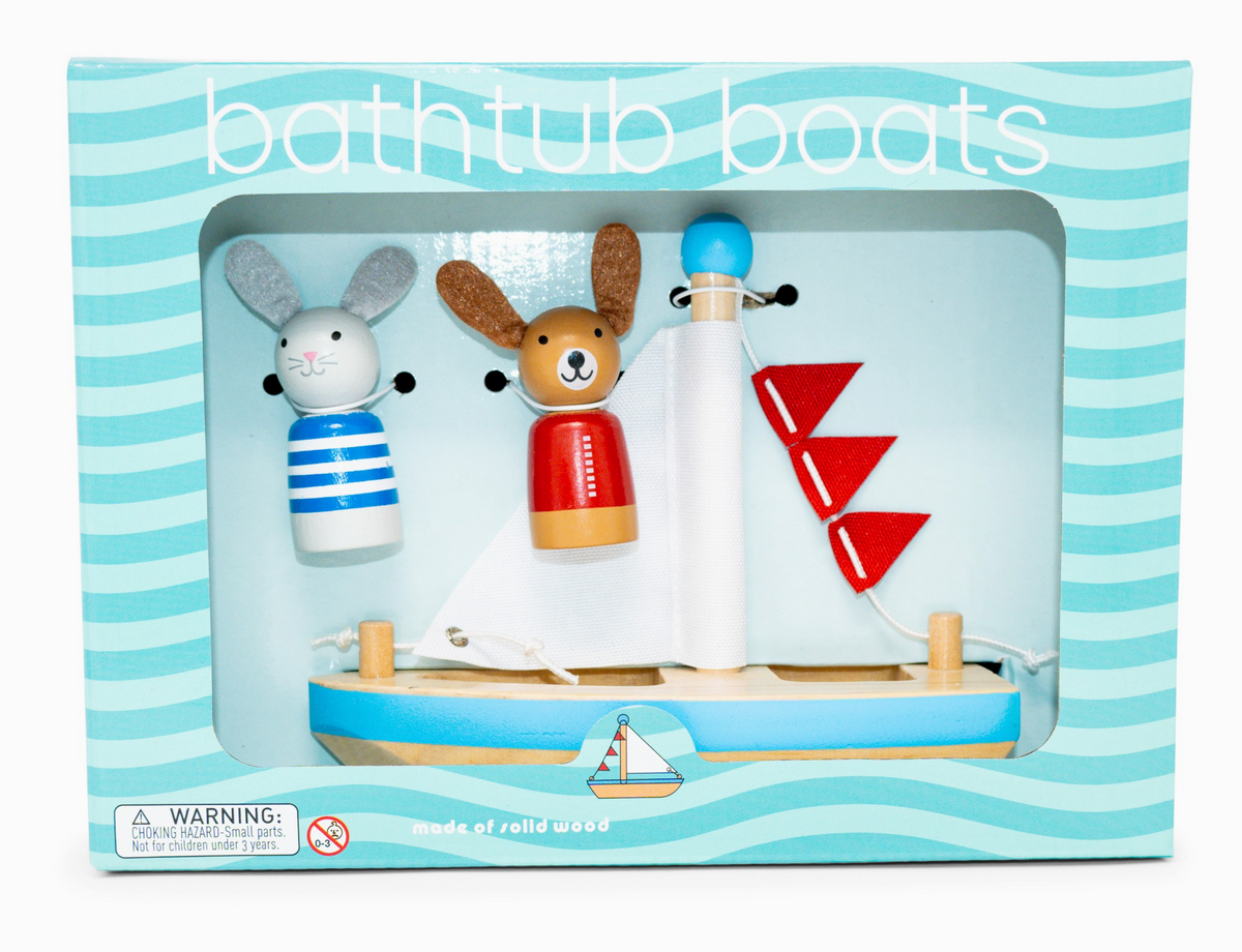 Bath Boat Buddies | Dog & Rabbit bath toys with a wooden sailboat