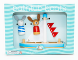 Bath Boat Buddies | Dog & Rabbit bath toys with a wooden sailboat