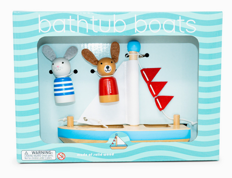 Bath Boat Buddies | Dog & Rabbit bath toys with a wooden sailboat