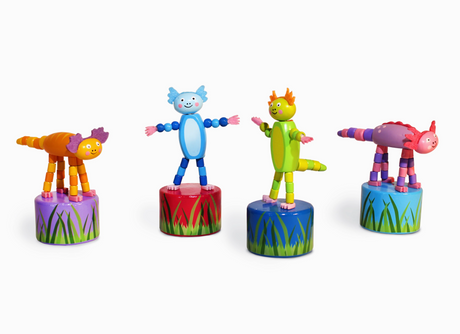 ThumbToy Axolotl colorful balancing toy figures on patterned bases
