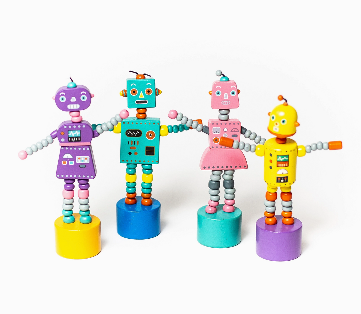 ThumbToy Robot colorful toy robots with movable arms and legs on wooden bases
