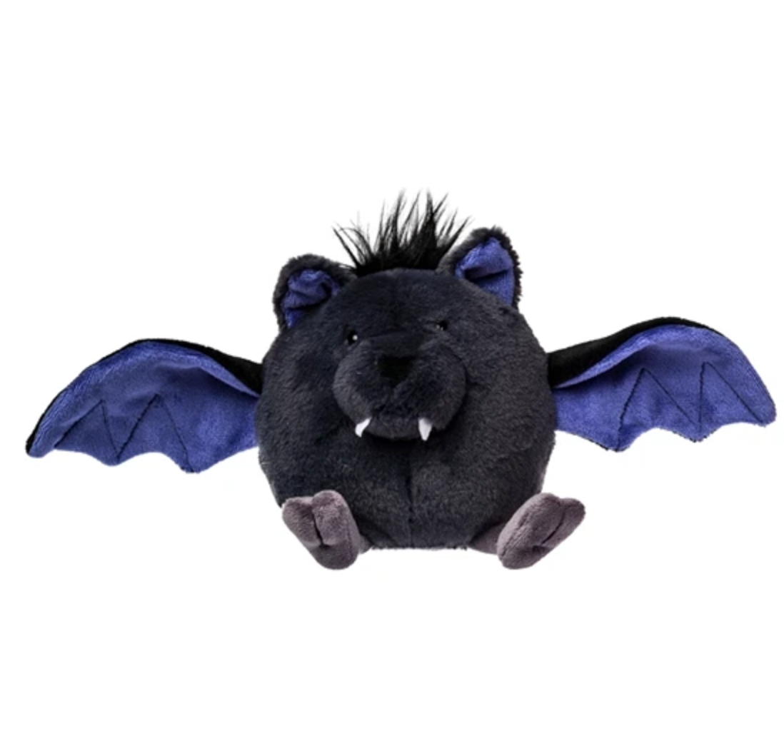 Rolly Bat-Cula plush bat toy with purple wings and fuzzy black fur