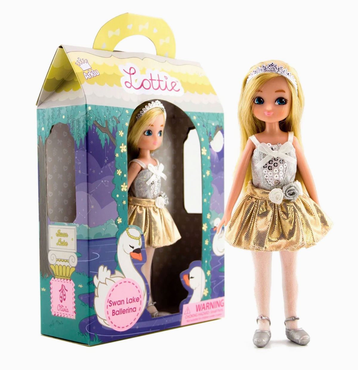 Lottie Swan Lake doll in a gold ballerina dress beside her illustrated box