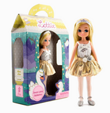 Lottie Swan Lake doll in a gold ballerina dress beside her illustrated box