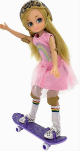 Lottie Skate Park doll wearing a helmet and pink dress riding a purple skateboard