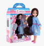 Lottie Long Hair doll with long brown hair in a blue striped dress and matching doll packaging