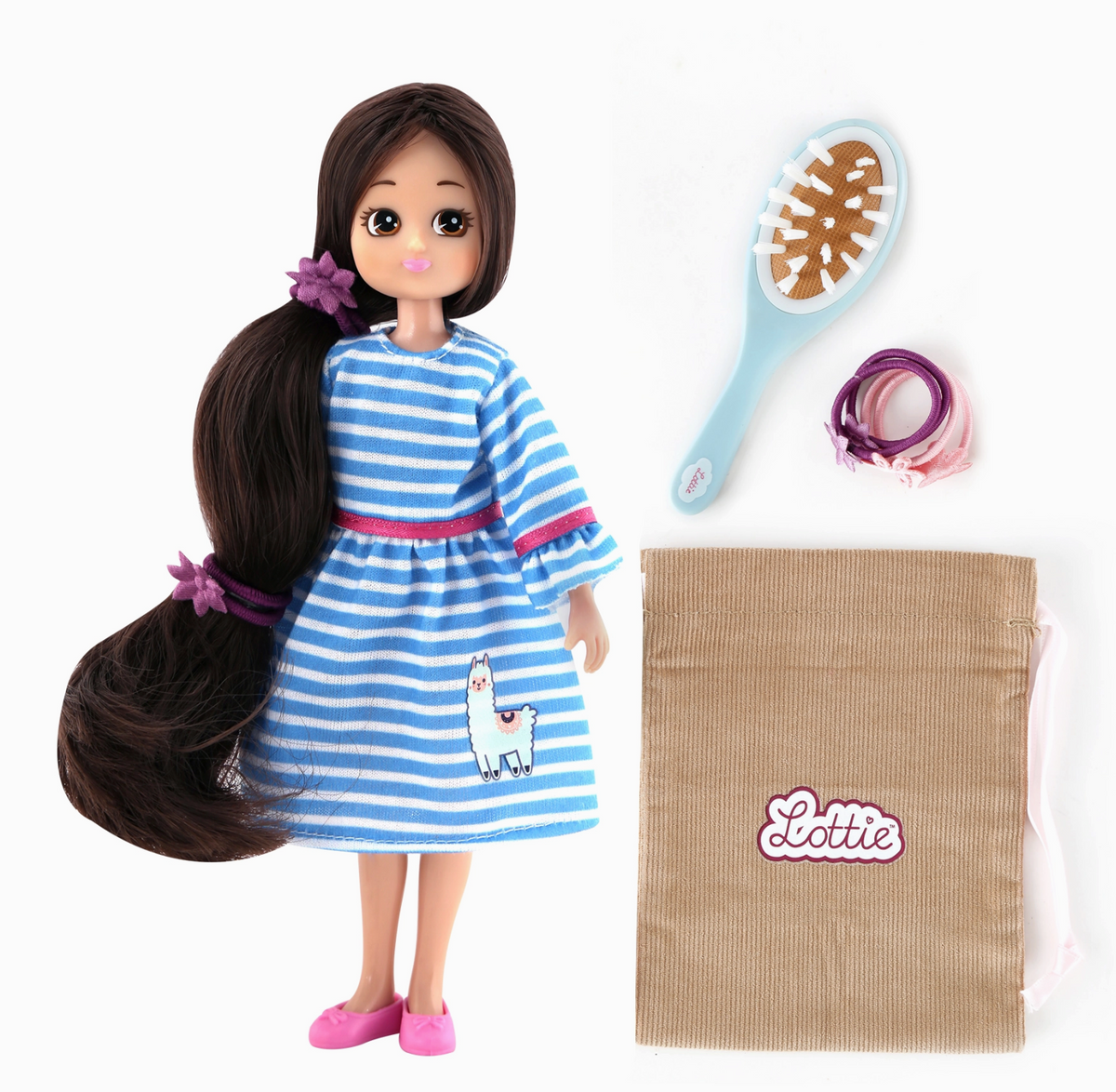 Lottie Long Hair doll in a blue striped dress with a hairbrush and hair ties