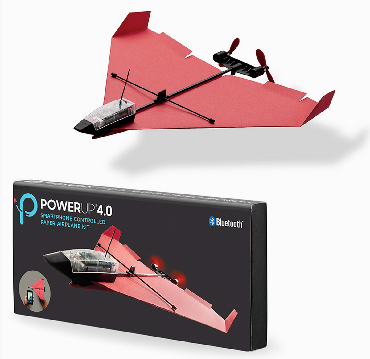 Powerup 4.0 RC Smartphone Paper Airplane Engine with red paper airplane and retail box