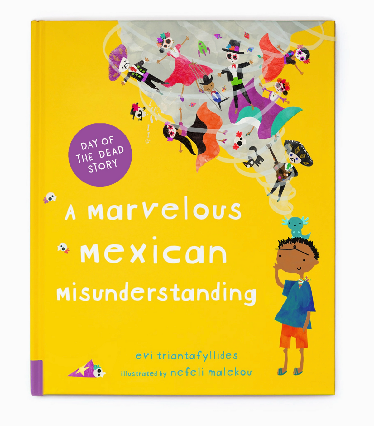 A Marvelous Mexican Misunderstanding book cover with colorful skeletons and a child illustration