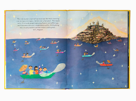 A Marvelous Mexican Misunderstanding illustrated book spread with colorful boats on a lake and a hillside village
