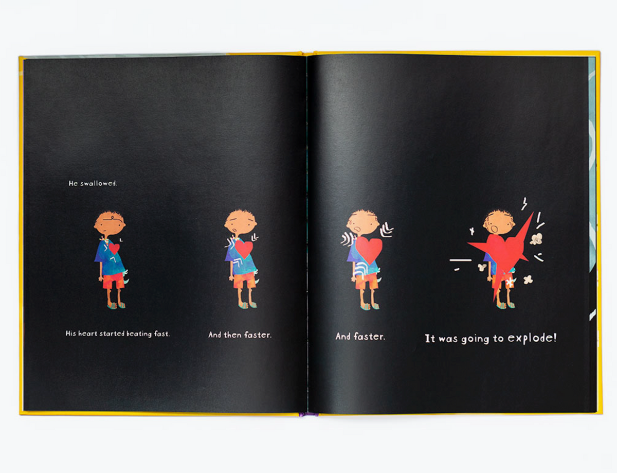 A Marvelous Mexican Misunderstanding illustrated book spread showing a child whose heart beats faster before an explosion