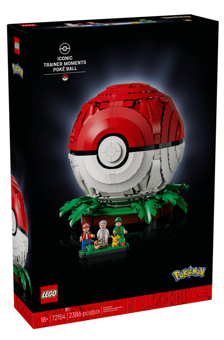 Pokemon Iconic Trainer Moments Poke Ball box featuring a red and white Poke Ball with trainers and jungle scenery