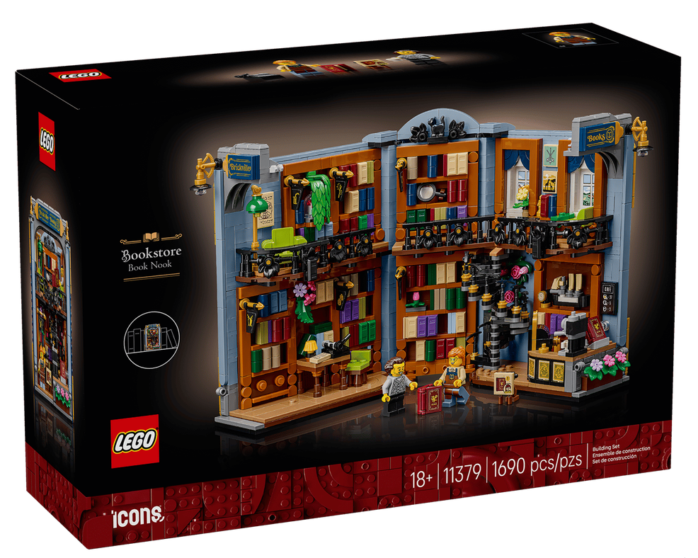 Icons Bookstore: Book Nook LEGO building set box featuring a detailed bookstore scene