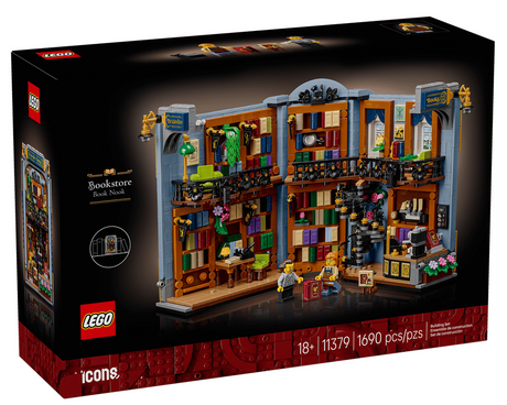 Icons Bookstore: Book Nook LEGO building set box featuring a detailed bookstore scene