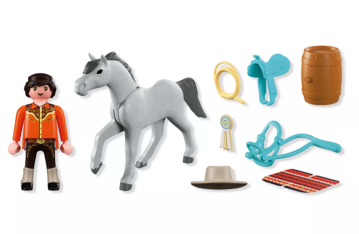 Horses | Western Riding toy set with cowboy figure, gray horse, hat, lasso, barrel and riding accessories