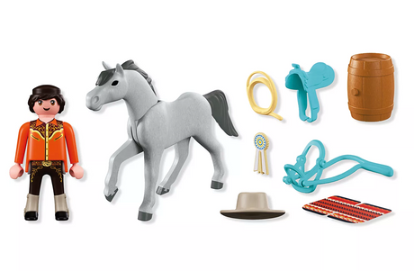 Horses | Western Riding toy set with cowboy figure, gray horse, hat, lasso, barrel and riding accessories
