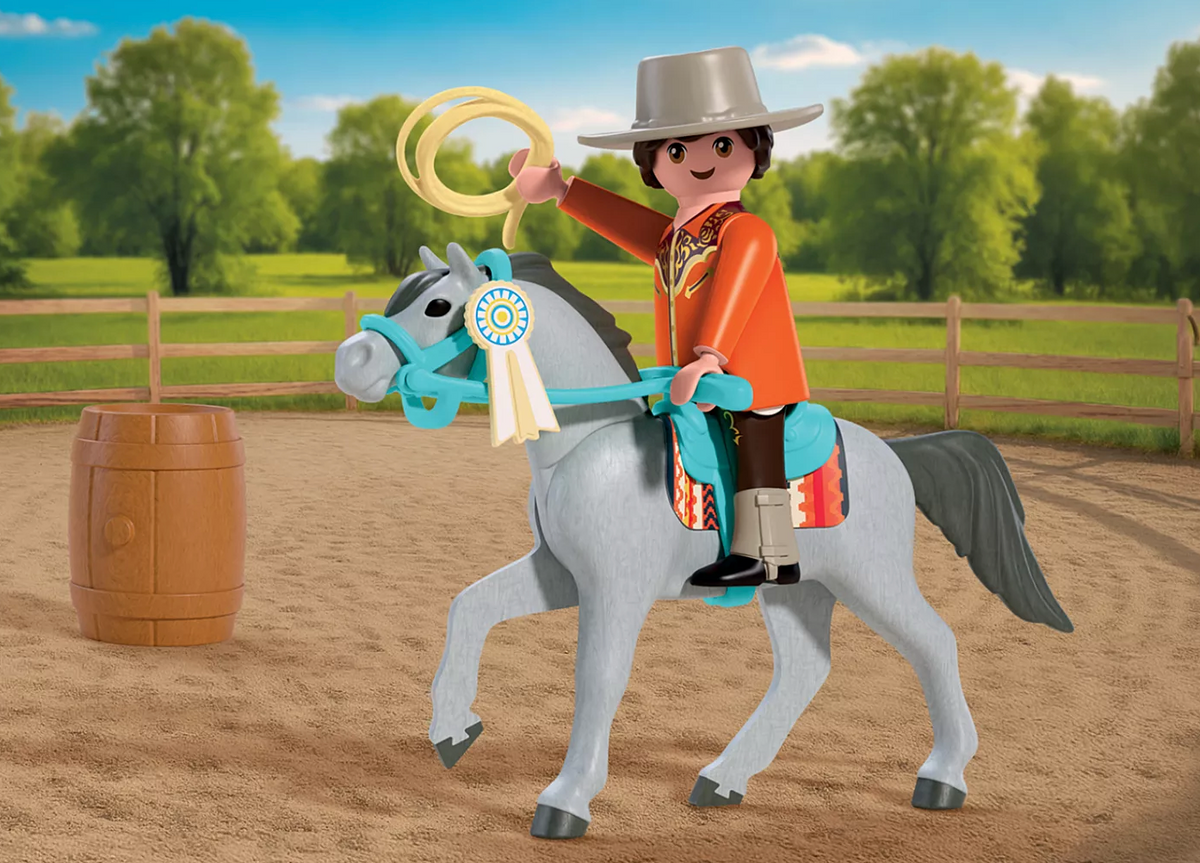 Horses | Western Riding toy figure on a gray horse with a lasso in a ranch arena