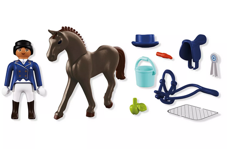 Horses | Equestrian Dressage toy set with rider and horse plus saddle grooming tools and dressage accessories
