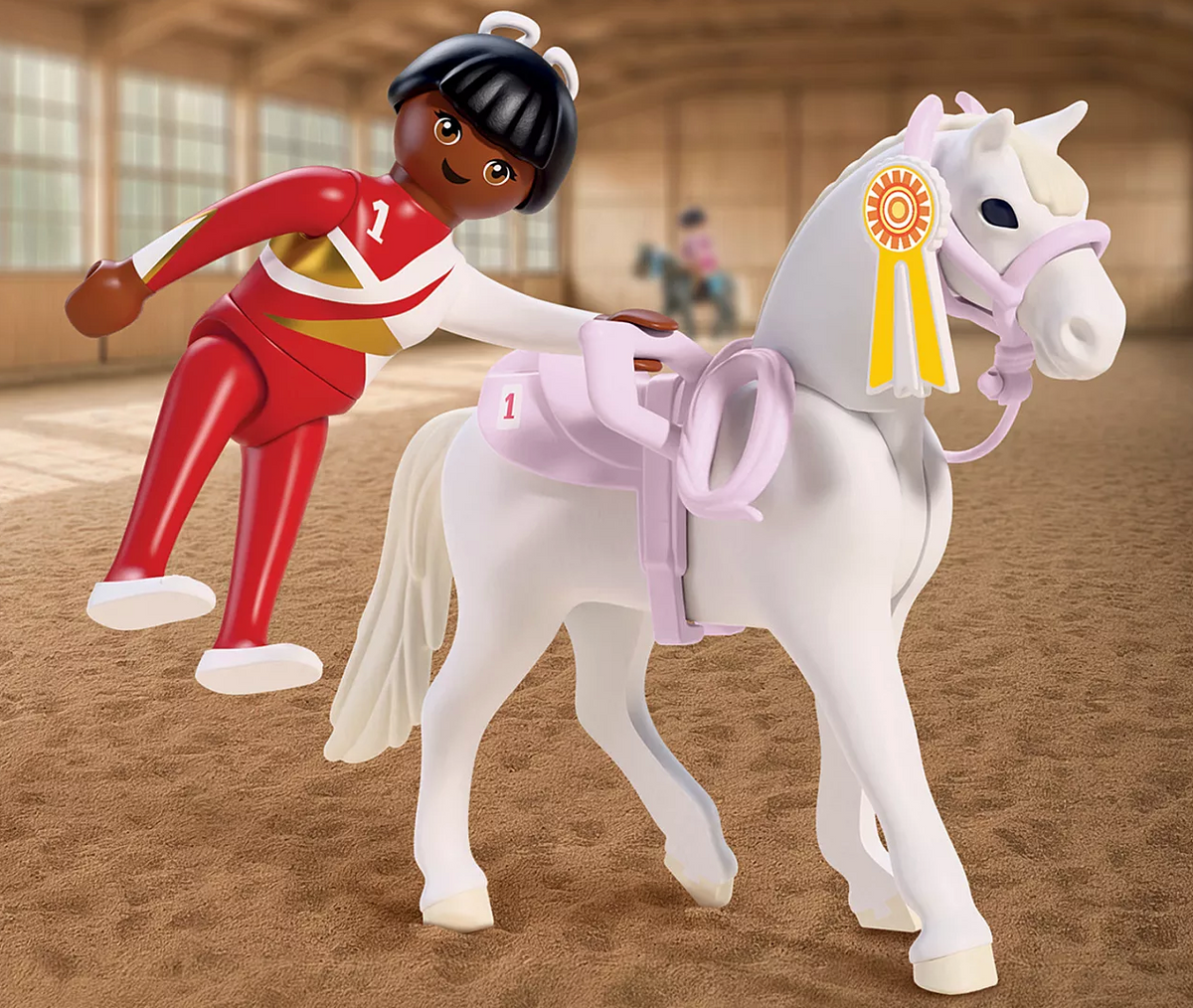 Horses | Equestrian Vaulting toy figure riding a white horse in an indoor arena