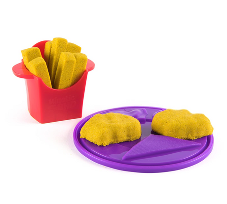 Kinetic Sand Surprise Takeout set with yellow sand fries in a red carton and sand nuggets on a purple tray