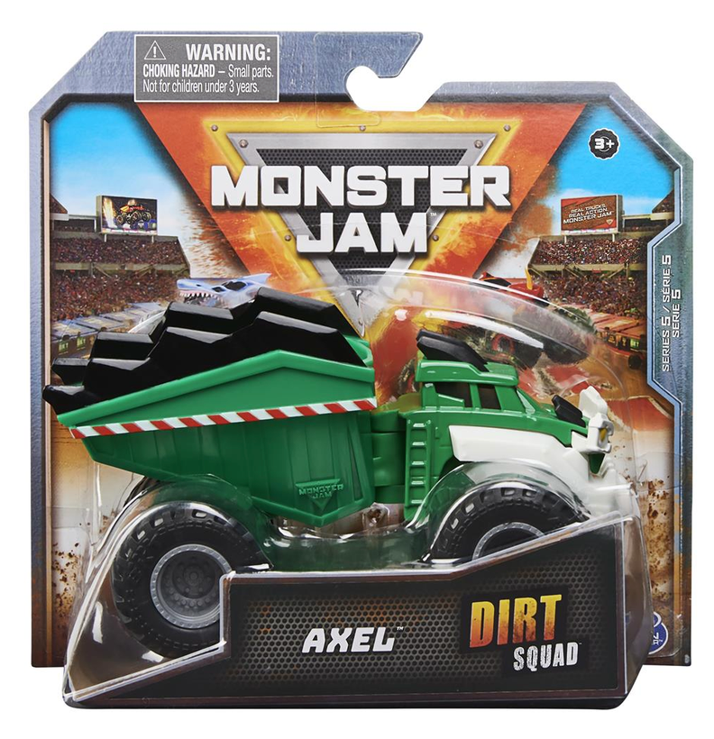 Monster Jam 1:64 Scale Dirt Squad green toy dump truck in packaged display box