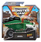 Monster Jam 1:64 Scale Dirt Squad green toy dump truck in packaged display box