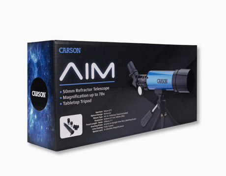 AIM Beginner Tabletop Telescope box showing a Carson refractor telescope and tabletop tripod