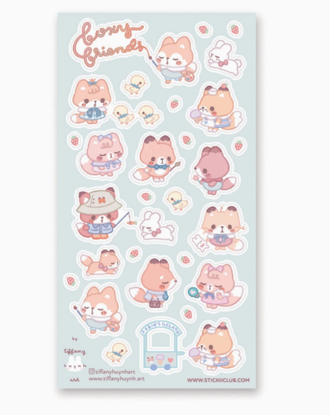 Sparkly Foxy Friends Stickers featuring pastel fox and bunny characters with strawberries