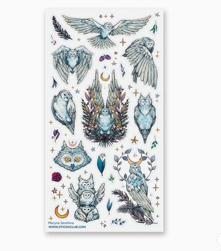 Owls of Moonlight Stickers featuring illustrated owls stars moons feathers and botanical details